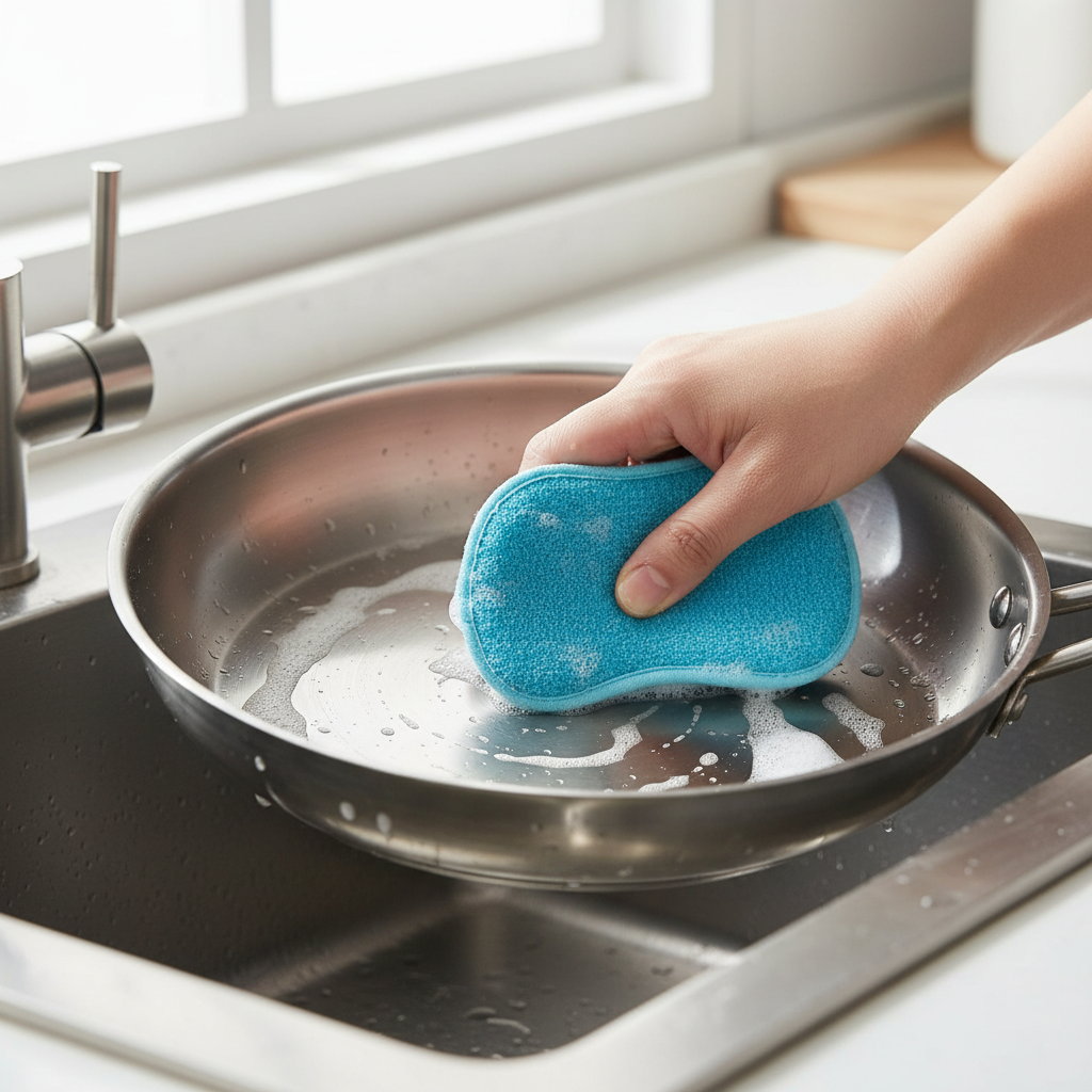 Spugna in microfibra usata su una padella