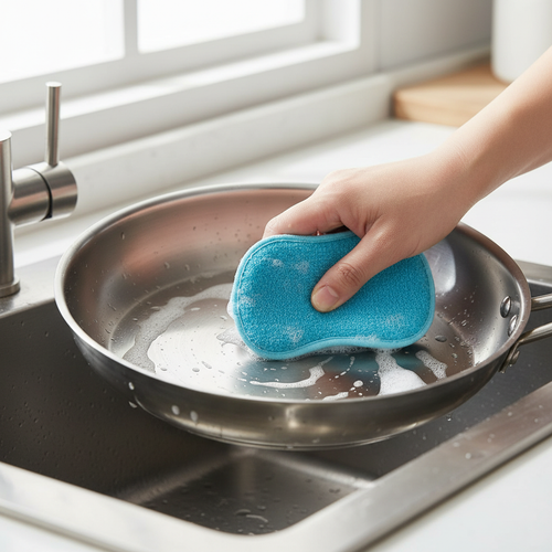 Spugna in microfibra usata su una padella
